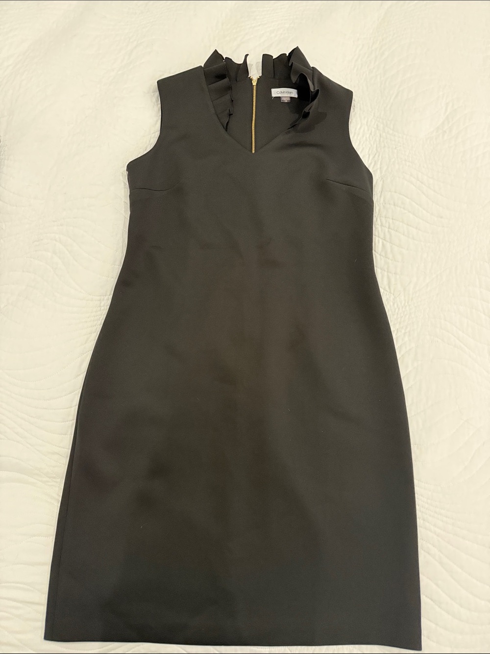 Calvin Klein Black Ruffle-Trim Midi Sheath Dress